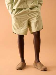 Musero Men Embroidered Graphic Flower Tie Waist Shorts Spring, Summer, Holiday, Vacation - Green - View 1