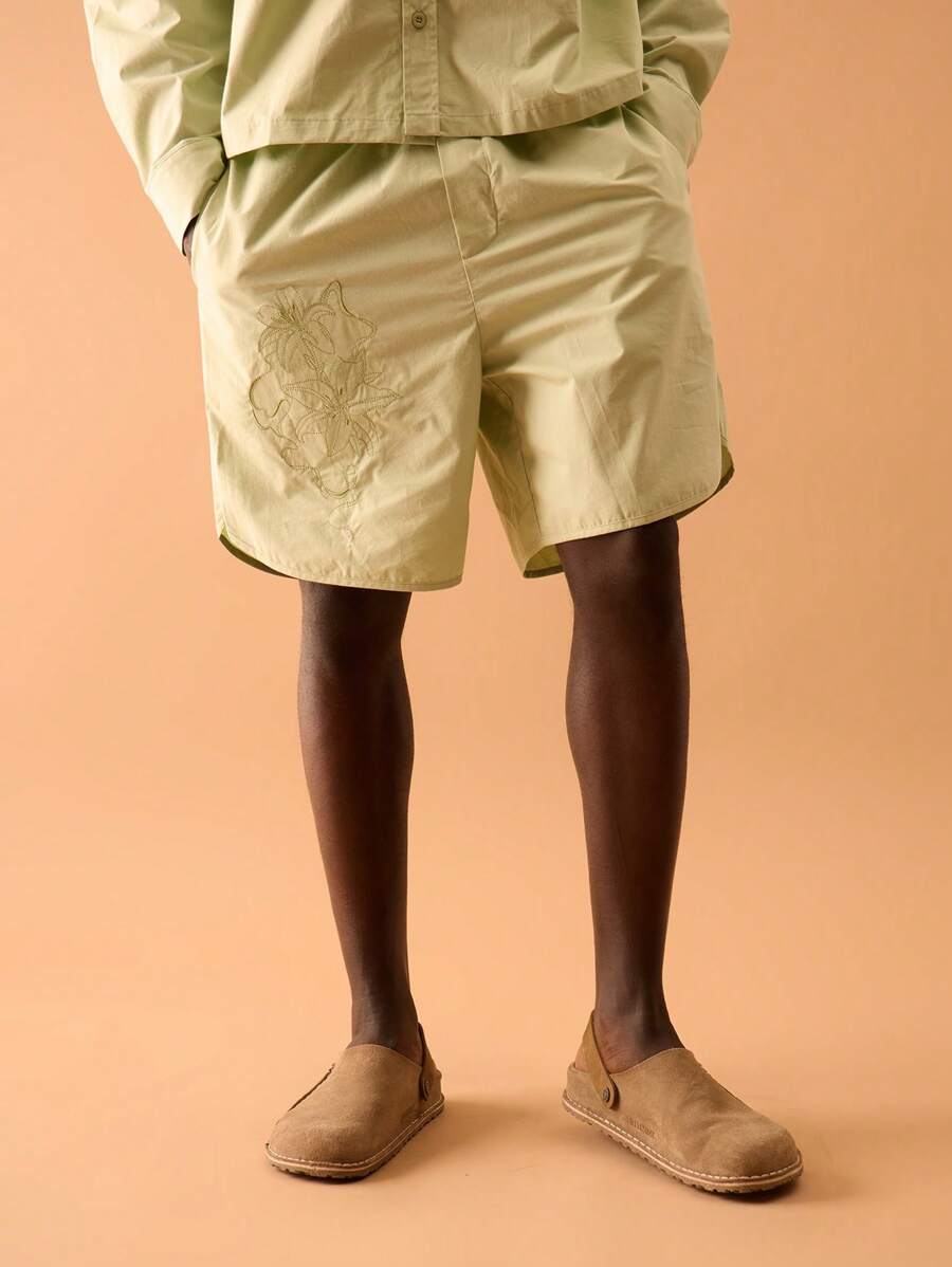 Musero Men Embroidered Graphic Flower Tie Waist Shorts Spring, Summer, Holiday, Vacation - Green - View 1