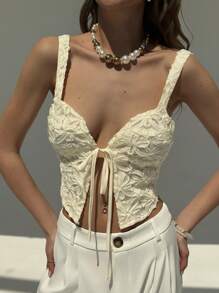 Aloruh New Arrival Spring/Summer Resort Lace-Up Textured White Blouse For Women - White - View 6