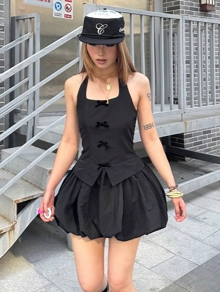 SHEIN Teen Girls Spring/Summer Streetwear Y2K Black Dress - Black - View 1