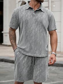 Manfinity CasualCool Conjunto de camisa polo de manga corta con estampado completo y pantalones cortos talla grande para hombres