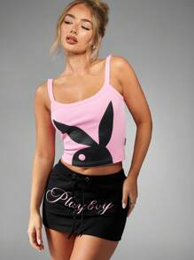 Missguided x Playboy Áo ba lỗ crop top co giãn có họa tiết logo tai thỏ, áo tập luyện mùa hè, phong cách thể thao, thời trang dạo phố, áo ba lỗ cổ cao, thường ngày, thời trang mùa xuân - Hồng - Xem 4