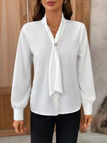 SHEIN 女士优雅蝴蝶结V领衬衫 - 白色 - 查看 3