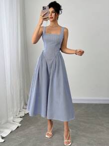 Firerie Váy midi chữ A thắt eo cổ vuông kẻ sọc xanh trắng cho nữ, Váy thanh lịch cổ điển, Váy mùa hè, Váy nghỉ dưỡng, Váy xòe, Trang phục xuân/hè, Đi làm, Thanh lịch, Kỳ nghỉ, Bãi biển, Lãng mạn, Hẹn hò - Xanh và trắng - Xem 7