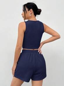 SHEIN EZwear 海军蓝针织无袖背心套装（女款，夏季） - 藏蓝色 - 查看 2