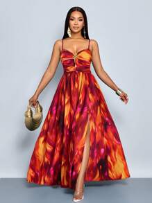 SOLERSUN 性感热带印花露背沙滩裙，高开衩，金色海星装饰，度假吊带背心（随机花卉） - 橘色 - 查看 6