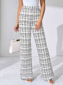 SHEIN Clasi 夏季优雅女士格纹印花弹力针织裤，适合各种场合，适合夏季度假、优雅旅行、日常通勤 - 黑與白 - 查看 3