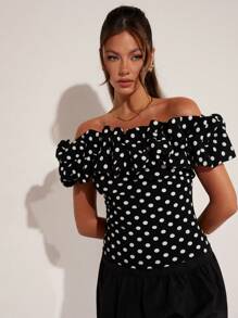 COSMINA Women's Elegant Vacation Polka Dot Off Shoulder Top, Spring/Summer