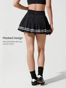 GLOWMODE Quick-Dry Court Crossover Waist Contrast Color Pleated Tennis Skirt Built-In Shorts Side Pockets Non-Slip Grips Tennis Golf Pickleball - Black - View 2