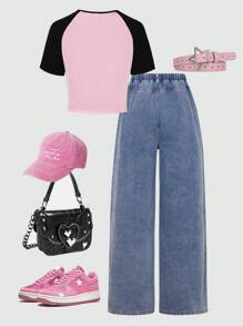 SHEIN 2件套少女夏季粉色星星印花圆领修身短袖上衣和阔腿星星牛仔裤套装