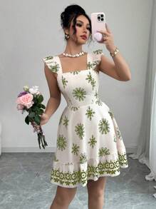 Elenzga 女式印花束腰后背设计休闲度假通勤迷你飘袖连衣裙 - 軍綠色 - 查看 3
