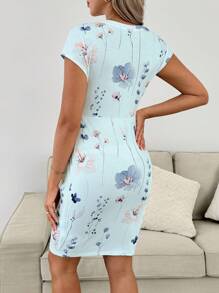 SHEIN Maternity Sun Dress Floral Print Tie Waist Bodycon Midi Dress For Casual/Holiday Wear - Blue - View 2