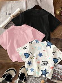 SHEIN Set de 3 camisetas de cuello redondo de manga corta con estampado de estrellas y caras vintage personalizado, en negro, blanco y rosa, de estilo informal minimalista para niña preadolescente, para el verano y resorts