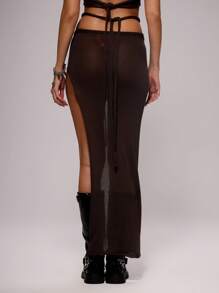 MUSERA Knit Waist Cut Out Distressed Asymmetric Maxi Skirt Spring, Summer, Holiday, Festival, Rave, Grunge, Cool Girl, Y2K Ibiza Beach Sexy Thanksgiving Chic - Multicolor - View 4