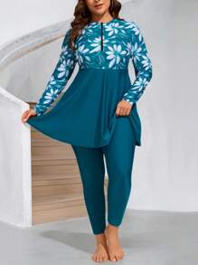Swim Mulvari Plus Size Women 2 Pieces Long Modest Floral Print Dress With Zipper Front Pullover, Casual Vacation Swimwear, Cover Up Burkinis For Summer