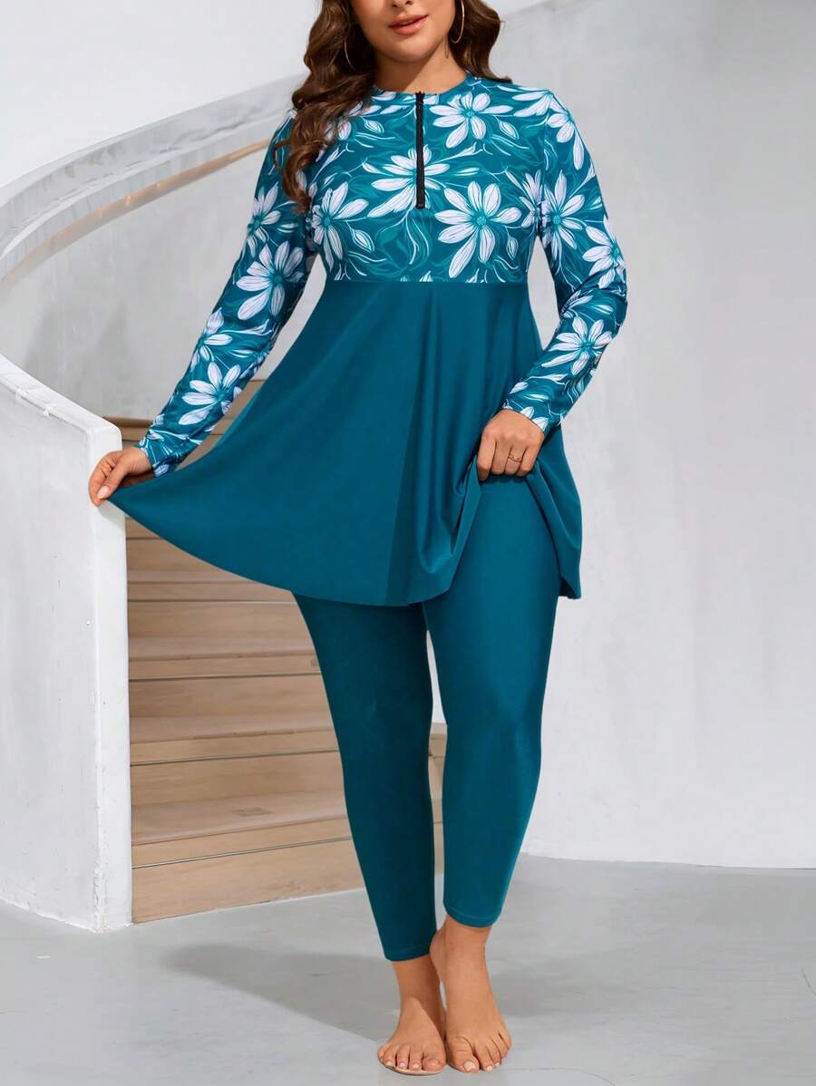 Swim Mulvari Plus Size Women 2 Pieces Long Modest Floral Print Dress With Zipper Front Pullover, Casual Vacation Swimwear, Cover Up Burkinis For Summer