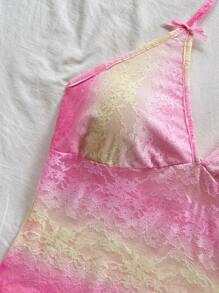 Soleia WYWH Women's Elastic Knit Elegant Casual Summer Gradient Lace Print Halter Neck Tied Bow Short Top, Suitable For Wedding Season - Pink - View 5