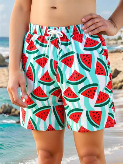 SHEIN 1 件男童夏季休闲沙滩短裤，西瓜水果印花，抽绳腰部，适合海滩