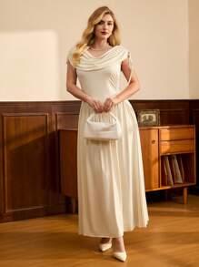 Vintamour Plus Size Women's Solid Color Draped Neck Ruffle Waist Midi Dress - Apricot - View 6