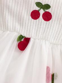 Infant/Toddler/Baby Girl 2Pcs Set: Red Knit Cardigan & White Strawberry Embroidered Mesh Dress, Cute & Elegant Style, Suitable For Spring, Summer, Autumn Seasons, Great For Outings, Parties - Red - View 6