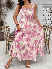 SHEIN Clasi Plus Size Women Pink Floral Print Ruffle Hem Spaghetti Strap Adjustable Bust A-Line Maxi Dress,Summer Boho Vacation Holiday Casual Sun Dress Outfit - Hot Pink - View 5