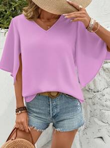 SHEIN LUNE 女式纯色V领开衩短袖休闲衬衫，夏季