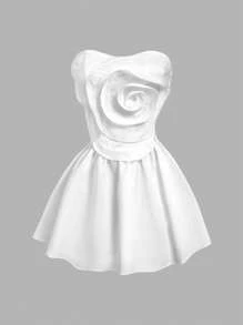 SHEIN MOD 白色花卉3D荷叶边前部细节缎面派对礼服，立体花朵，伞形连衣裙，短裙，女士连衣裙，婚礼宾客礼服女士，白色连衣裙，女士白色连衣裙 - 白色 - 查看 1