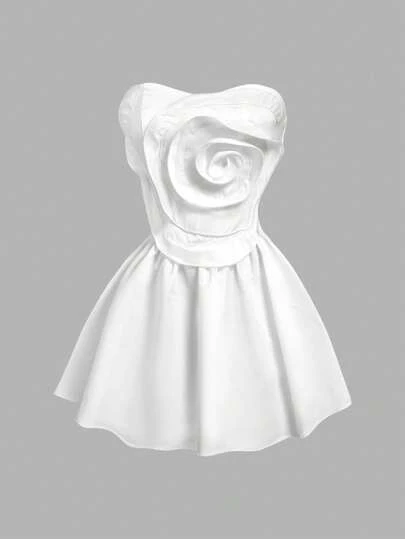 SHEIN MOD 白色花卉3D荷叶边前部细节缎面派对礼服，立体花朵，伞形连衣裙，短裙，女士连衣裙，婚礼宾客礼服女士，白色连衣裙，女士白色连衣裙