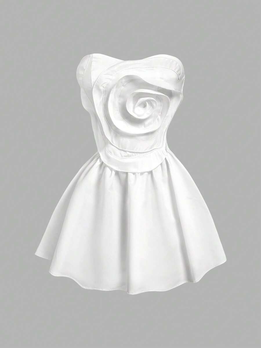 SHEIN MOD 白色花卉3D荷叶边前部细节缎面派对礼服，立体花朵，伞形连衣裙，短裙，女士连衣裙，婚礼宾客礼服女士，白色连衣裙，女士白色连衣裙 - 白色 - 查看 1