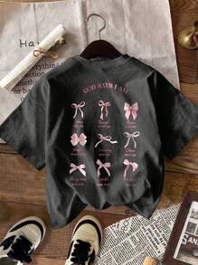 SHEIN EZwear 大码女式字母蝴蝶结印花短袖休闲T恤 - 深灰色 - 查看 3