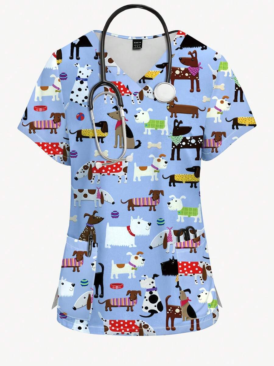 PopScrub Summer Nurse Scrub Uniform Top, Fun Cartoon Dog Print Casual Nursing Scrub Top For Women - Multicolor - View 1