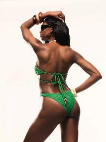 SHEIN Unity Colorful Beaded Textured High Waist Solid Color Bikini Swimsuit For Summer Beach Vacation - Green - View 6