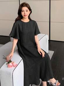 DAZY Plain Crew Neck Ruffle Hem Mid-Length Dress For Women - Black - View 1