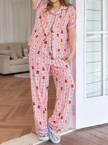 Conjunto de pijama de camisa con cuello de volantes y pantalones con estampado romántico de oso y flores para tallas grandes - Multicolor - Ver 5