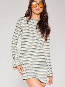 MUSERA Boat Neck Extreme Scoop Back Striped Fitted Flared Long Sleeve Mini Dress Summer Cute Vacation Ibiza Western Holiday Airport Outfit Winter Evening - Yellow - View 6