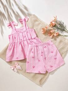 SHEIN Vintaside Kids 2 Pcs Baby Girl Toddler/Newborn 0-3Y Casual Daily Cute Vacation Striped Bow Tank Top + Shorts Set, Spring/Summer - Pink - View 3