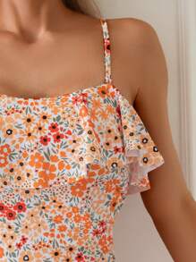 Swim Vcay 女士花卉印花荷叶边吊带连体泳衣，假日风格