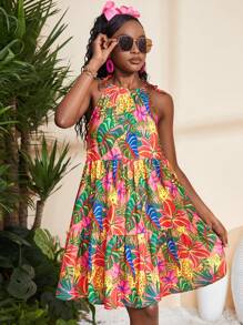 SHEIN 少女玫瑰红无袖编织热带植物印花花卉吊带裙，度假，夏季连衣裙，夏季度假，蝴蝶结 - 彩色 - 查看 1
