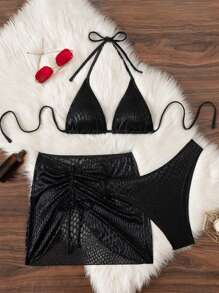 Swim SXY 女士性感露背吊带蛇纹比基尼泳装 - 黑色 - 查看 7