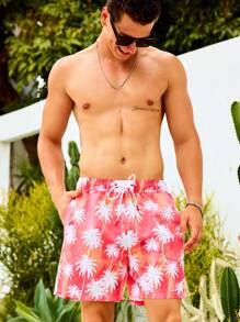 Surfspeed Men's Palm Tree Print Drawstring Waist Beach Shorts - Hot Pink - View 6