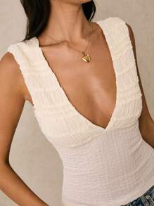 Poéselle 女士褶皱拼接杏色上衣，女士纯色纹理面料V领无袖背心，夏季百搭单品 - 杏色 - 查看 7