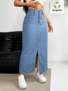 SHEIN Essnce 牛仔A字裙，纯色，时尚，适合夏季 - 藍色 - 查看 3