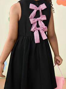 Vestido ajustado de cuello redondo sin mangas de unicolor para niña joven - Negro - Ver 2