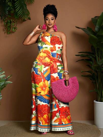 Maweii 大码女式印花梭织无袖宽腿宽松连体裤，休闲时尚风格