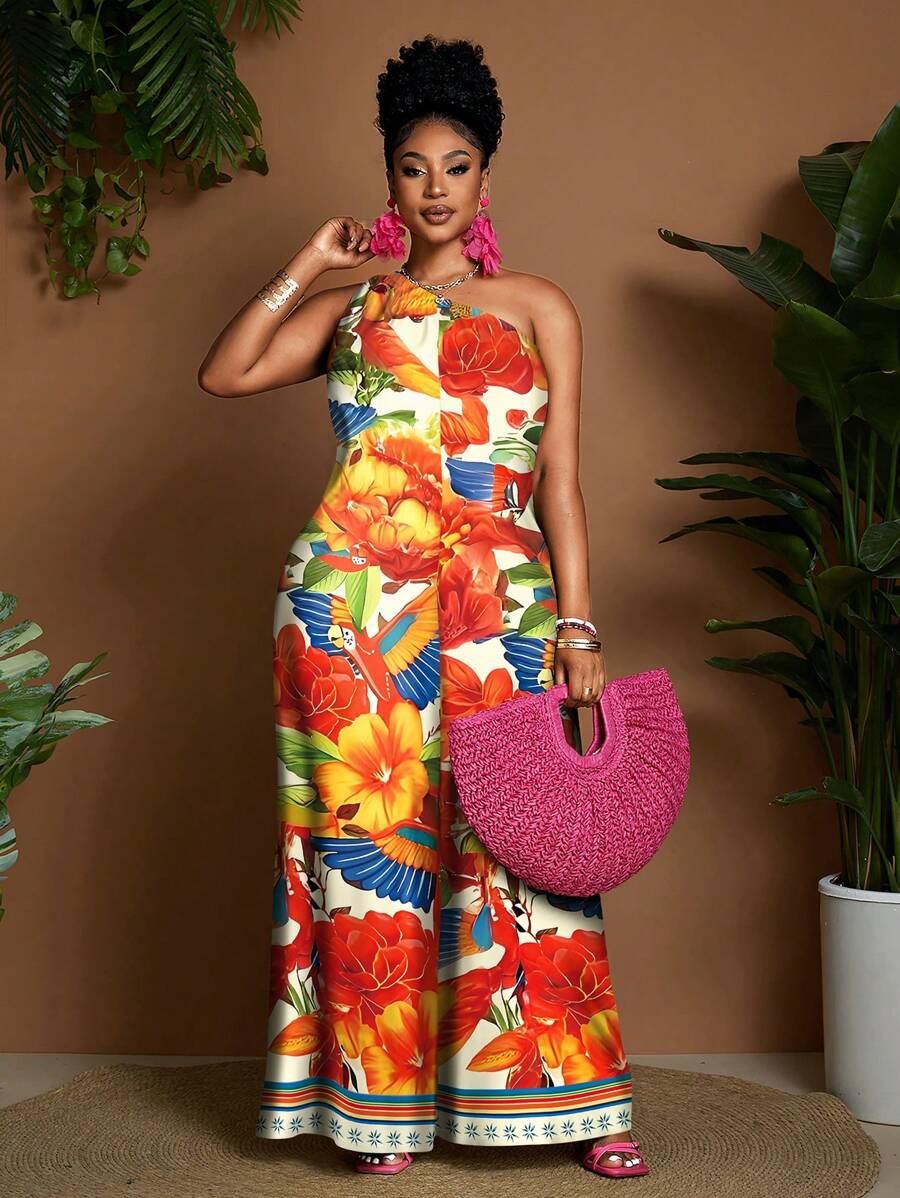 Maweii Bộ đồ liền thân rộng rãi không tay dệt in họa tiết cỡ lớn dành cho nữ, phong cách giản dị sang trọng - Nhiều màu - Xem 1