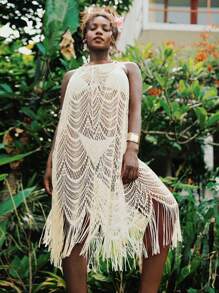 Travachic Plus Size Lace Hollow Out Tassel Halter Neck Beach Coverup For Summer Country Concert Outfit - Apricot - View 1