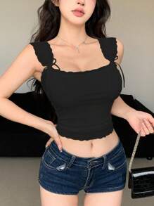 DAZY 蕾丝边系带修身无袖背心，女士外出上衣，夏季情人节款