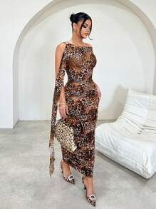 SHEIN SXY Women Leopard Print Brown Short Dress,Elegant Summer Off The Shoulder Outfits, Night Out Club Festival Fashionable Old Money Style - Multicolor - View 5