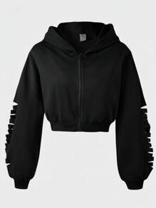SHEIN Explorewe 少女时尚短款连帽拉链运动衫，带侧边破洞设计