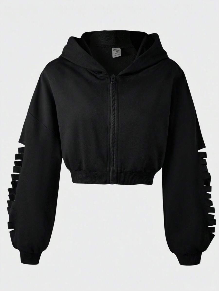 SHEIN Explorewe 少女时尚短款连帽拉链运动衫，带侧边破洞设计